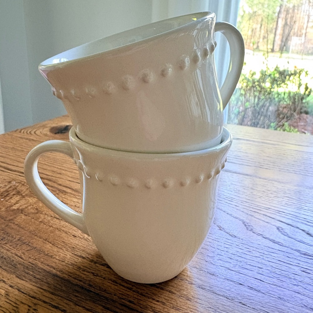 Pottery Barn Emma White/Cream Beaded Mugs- set of 2- 10 oz. - Picture 2 of 10